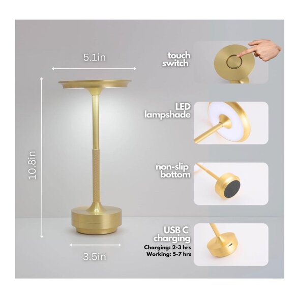 Bulbulay Elegant Rechargeable Dimmable Waterproof Metallic Touch LED Cordless Ta - Picture 4 of 7